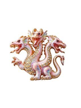 Pink Three-Headed Hydra Dragon Brooch With Crystals Gold-Tone